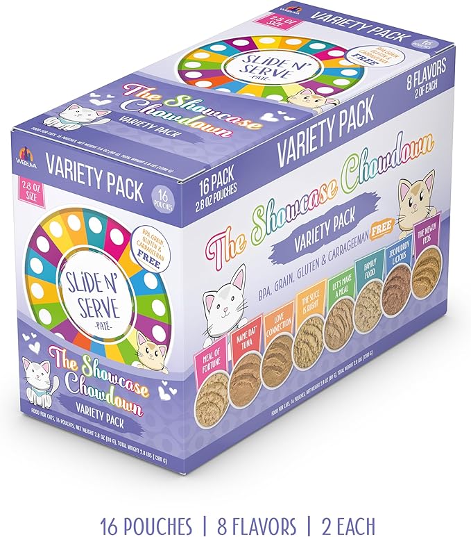 Weruva Slide N' Serve Paté Wet Cat Food, The Showcase Chowdown Slide N' Serve 2.8oz Pouch Variety Pack of 16, Multi Color