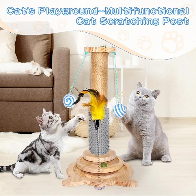 Cat Scratching Post, 6 in 1 Cat Scratcher for Indoor Cat, 18.11" Tall Cat Climbing Pole with Removable Cat Teaser, Interactive Cat Toy with Two Sisal Balls, Natural Sisal, Wood Base