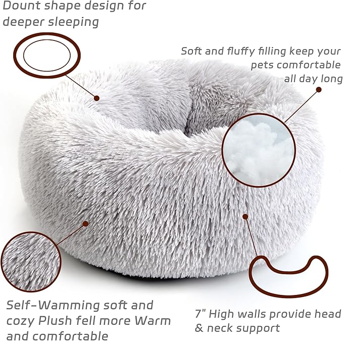 Calming Dog Bed for Large Cats and Dogs, Donut Washable Cat Bed for Indoor Cats and Dogs, Anti-Slip Round Fluffy Plush Faux Fur Pet Bed for Medium Cats and Dogs (Grey, 23.5')
