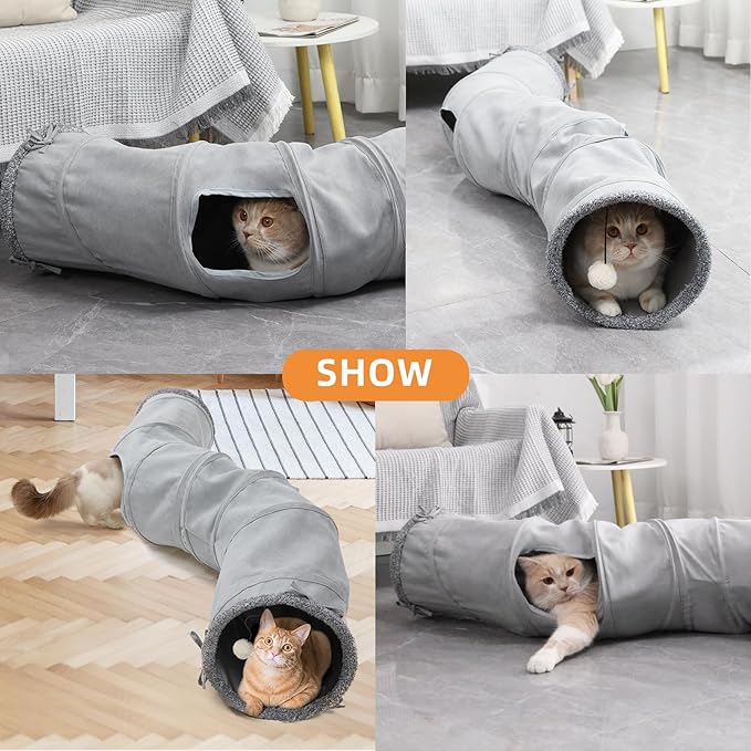 Cat Tunnels for Indoor Cats, Collapsible S-Shape Peekaboo Cat Play Tube Toy Cat Cave, 10.5" Diameter Large Cat Tunnel, Roller Track Kitten Toy, Plush Pet Toy with Catnip, Tease Stick for Cat