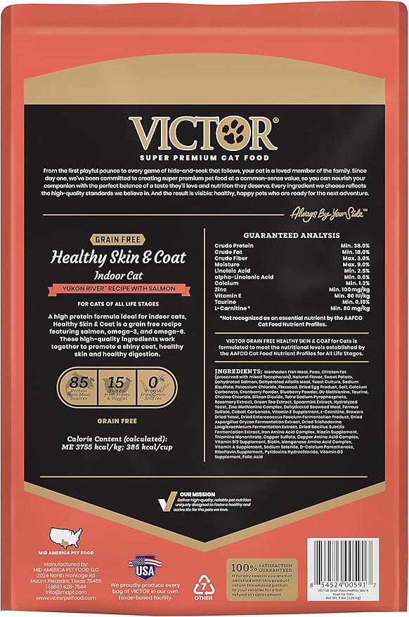 Victor Super Premium Cat Food – Grain Free Healthy Skin & Coat - Dry Cat Food for Indoor Cats – Yukon River Recipe – All Breeds and All Life Stages from Kitten to Adult, 5lb