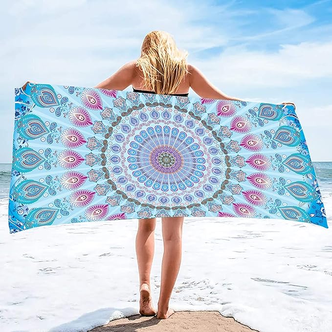 Bonsai Tree Mandala Beach Towel, Indian Hippie Boho Microfiber Bath Towel for Women, Bohemian Blue Sand Free Quick Dry Travel Towels Gifts for Yoga Sports Adults 30" x 60"