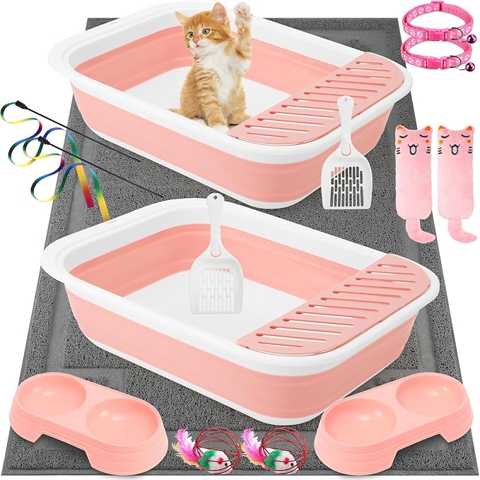 2 Set 14 Pcs Cat Kitten Starter Kit Foldable Cat Litter Box with Shovel Small Litter Pan Collapsible Cat Toilet Paw Litter Mat Cat Collars Cat Bowls Cat Toys Teaser Stick for Beginner(Pink)