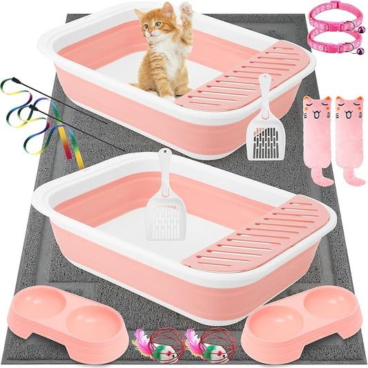2 Set 14 Pcs Cat Kitten Starter Kit Foldable Cat Litter Box with Shovel Small Litter Pan Collapsible Cat Toilet Paw Litter Mat Cat Collars Cat Bowls Cat Toys Teaser Stick for Beginner(Pink)