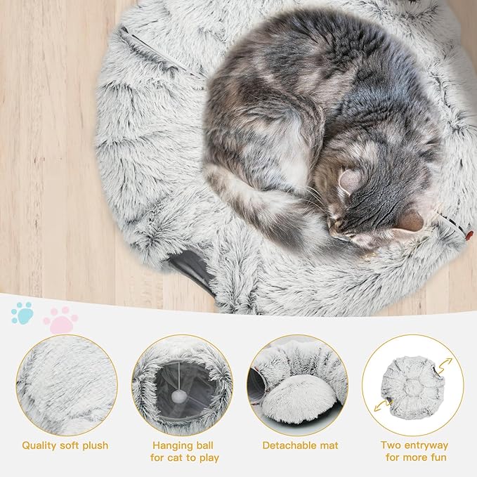 KOMUSMO Cat Tunnel Bed with Central Mat and Hanging Ball Toy, Large Cat Cave Donut for Indoor Cats, Soft Plush Fluffy Peekaboo Cat Bed Cave Collapsible for Small Medium Large Cats Kittens
