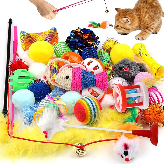Cat Toys Kitten Toys Assortments, 32 Packs Interactive Cat Toy Variety Pack for Kitty, Cat Wand Toy, Cat Crinkle Balls Bell Balls with Bells, Cat Spring Toy, Catnip Toys for Indoor Cats Kitten