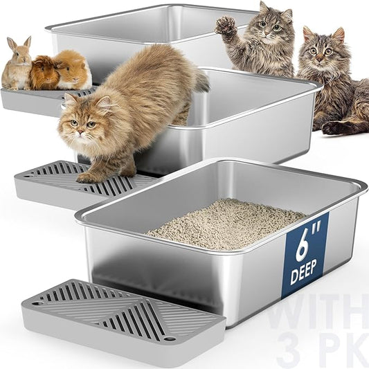 3PK 17.7" x 13.8" x 6" Stainless Steel Litter Box, High Sides Metal Cat Litter Box for Multi-Cats, Easy Clean & Odor Control Kitten Litter Box with Footboard, Bunny Litter Box Litter Pan