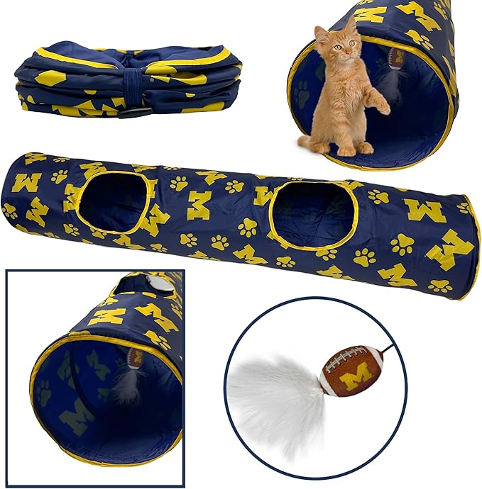 NCAA Michigan Wolverines Cat Tunnel Tube Toy with Plush Football Catnip and Feathers