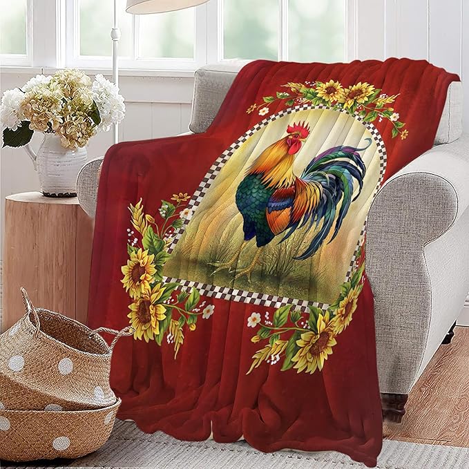 Farmhouse Rooster Blanket Chicken Sunflower Farm Country Red Print Throw Blankets for Couch Sofa Bed Lightweight Soft Cozy Fleece Plush Warm Flannel Bedding Blanket Gifts for Kids Adults 50"x60"