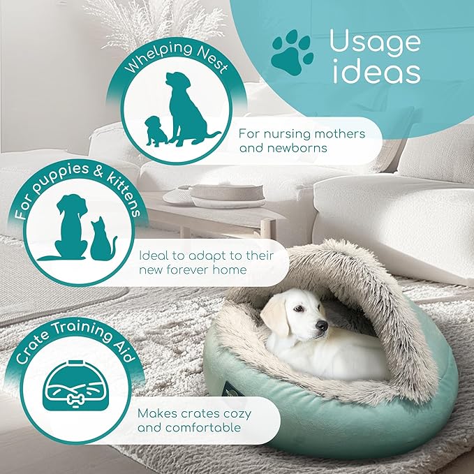 TrustyTailz Cozy Cave Dog Bed and Cat Cave Bed with Hooded Cover, Snap-in Frame, Washable and Removeable, Plush Grey Fluffy Cover Indoor Cats or Small Dog Beds, Non-Slip Base (Small)