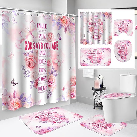 4 Pcs Pink Butterfly Inspirational Quotes Shower Curtain Set with Rugs and Toilet Lid Cover, Waterproof Fabric Bathroom Set for Women Girls, Bible Verse Floral Bathroom Decor with 12 Hooks
