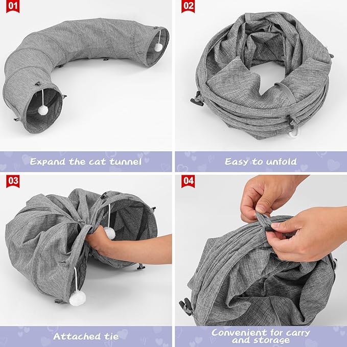 Cat Tunnel, Collapsible Cat Tunnel Bed Sturdy Oxford Fabric for Indoor Cats,Interactive Hanging Ball Pet Tunnel Tube with Cat Teaser Stick (Grey)