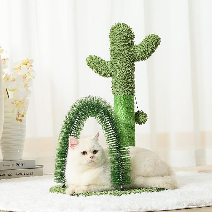 Mile High Life | Cat Scratching Post 25" with Dangling Bell | Cat Condo with Hammock and Cactus Scratching Posts Tree for Kittens | Tall Cat Climbing Stand with Premium Natural Sisal Material