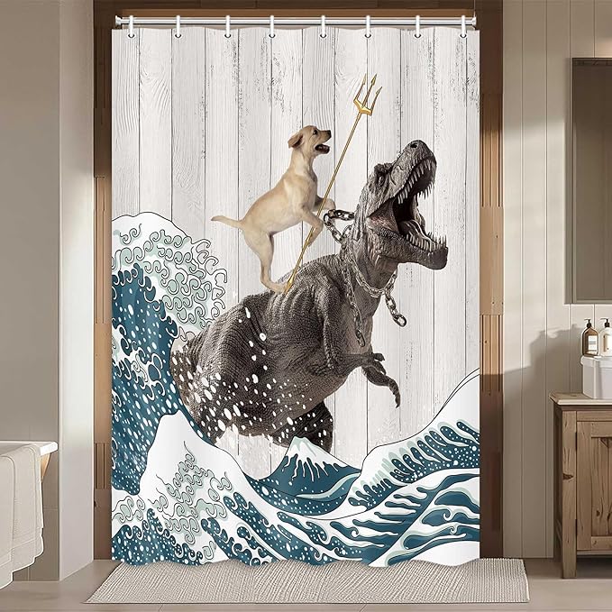 Boziqr Funny Dog Shower Curtain, Japanese Ocean Wave Dinosaur Rustic Barn Door Decor Fabric Bathroom Curtains Set, Cute Animal Kids Polyester Fabric Waterproof, 47 X 64 Inches