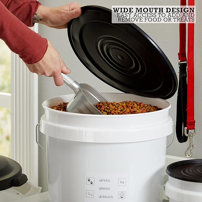 United Solutions Airtight Pet Food Storage Container, 5 Gallon Capacity, Great for Dog Food, Cat Food, Bird Seed, Dry Food Storage, White Container with Black Lid, 2-Pack