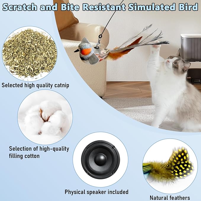Cat Toys, Interactive Cat Toys Set, Simulated Bird Sound Interactive Feather Toys, Bird Cat Toys for Indoor Cats Teaser Play and Chase Exercise