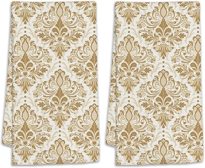 Vintage Damask Hand Towels for Bathroom,Gold Orient Flower Hand Bath Towels Soft Absorbent Dish Towels for Kitchen Bathroom Gym Beach Decorative Towels,Set of 2