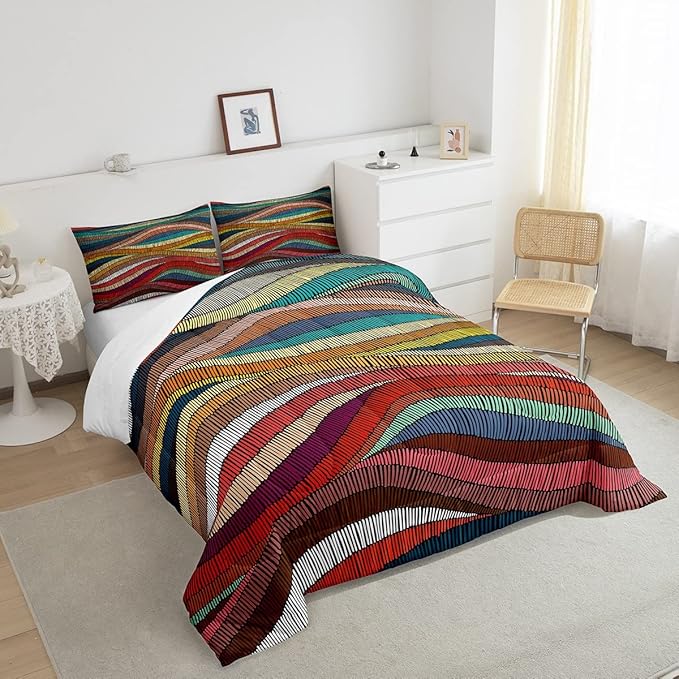 Boho Comforter Set Queen Bohemian Wavy Bedding Rainbow Embroidered Waves Bedding Comforter Sets Geometric Tribal Ethnic Bedroom Decor Colorful Abstract Lightweight Duvet Insert for Adult