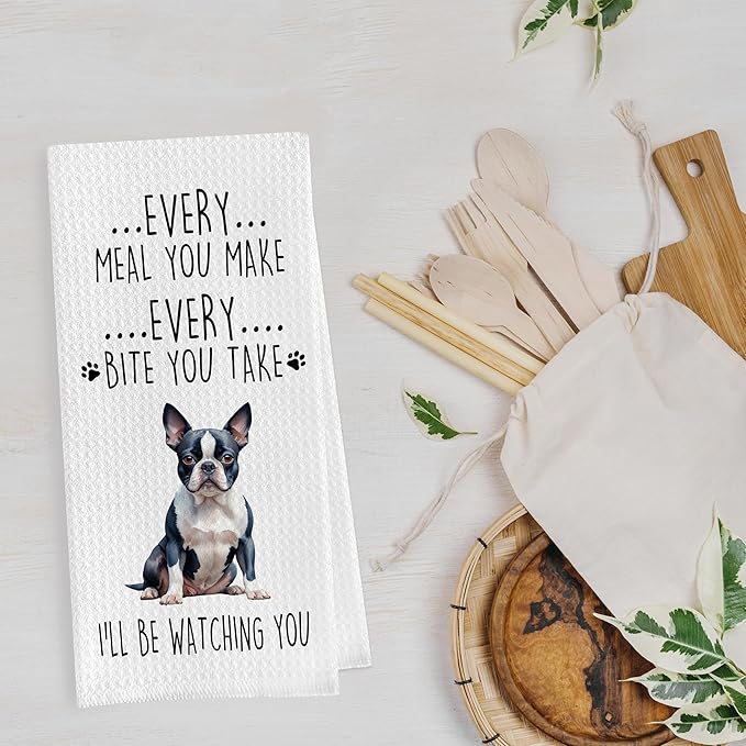 Boston Terrier Dish Towels Set - Decorative Waffle Weave Kitchen Hand Tea Towels, Funny Gift (1624 Inches, Set of 2)