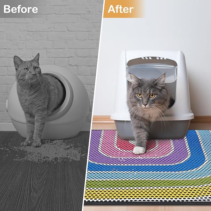 Bienbee Cat Litter Mat, 24"x15" Cat Litter Trapping Mat, Double Layer Litter Mat with Non-Slip Rubber Bottom, Urine and Water Proof, Keeps Floors Clean Rainbow M