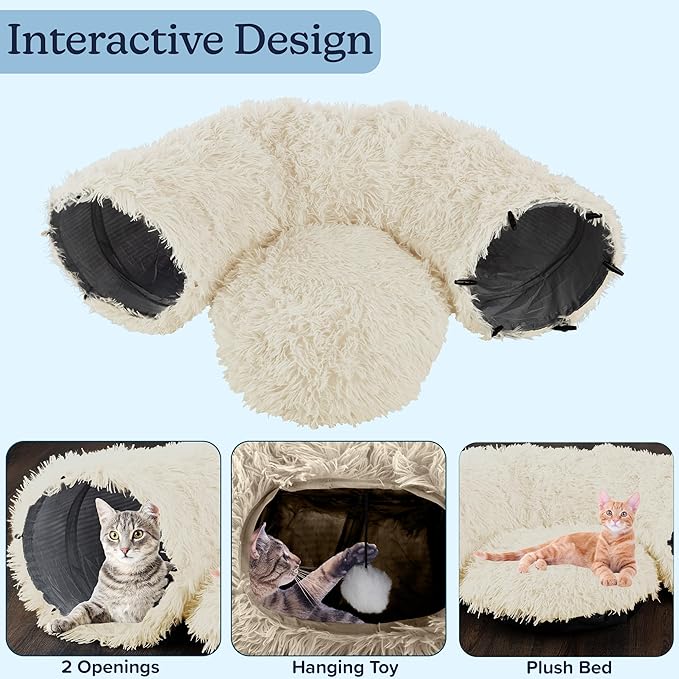 Cat Tunnel with Cat Bed for Indoor Cats - 3FT Multifunctional Cat Tunnel Bed with Cat Toys - Soft, Plush Peekaboo Cat Cave for Kittens, Cats, Ferrets, and Rabbits - Cat Products by PETMAKER (Cream)