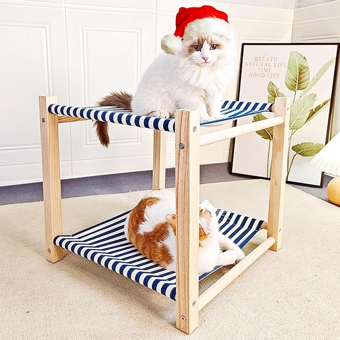 2 Layer Cat Hammock Bed for Indoor Cats, 17.0''×17.0'' Big Size Cat Hammock, Pine Wood Elevated Cat Bed, Good for All Seasons(Blue)