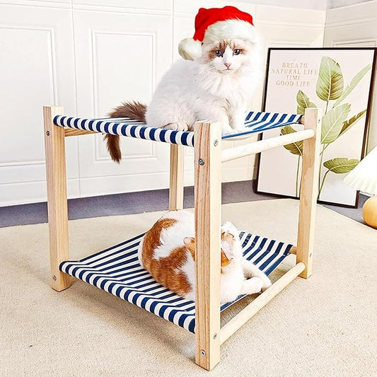 2 Layer Cat Hammock Bed for Indoor Cats, 17.0''×17.0'' Big Size Cat Hammock, Pine Wood Elevated Cat Bed, Good for All Seasons(Blue)