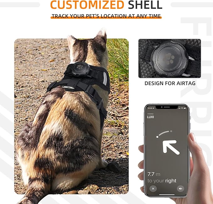 AirTag Cat Harness and Leash for Walking, Integrated Cat Vest with 100% Waterproof Air Tag Holder, Escape Proof Reflective Adjustable Vest Harnesses with Apple Air Tag Case for Cats, Kittens, Puppies