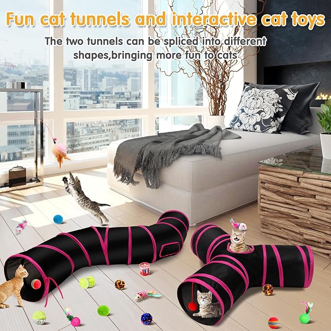Poen 22pcs Cat Toys Kitten Toys Set with 2 Collapsible Cat Tunnel Toy and 20 Interactive Kitty Toys Cat Feather Toy, Fluffy Mouse, Crinkle Balls, for Cat Kitten Puppy (Rose Red, Black)