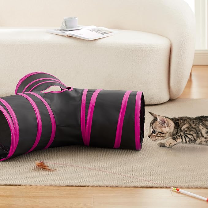 Love's cabin Cat Tunnel Tube Cat Toys 3 Way Collapsible, Cat Tunnels for Indoor Cats，Kitten Tunnel Bored Pet Cat Play Tunnel with Peek Hole Toy Ball for Cat, Kitty, Kitten, Rabbit, Puppy Red