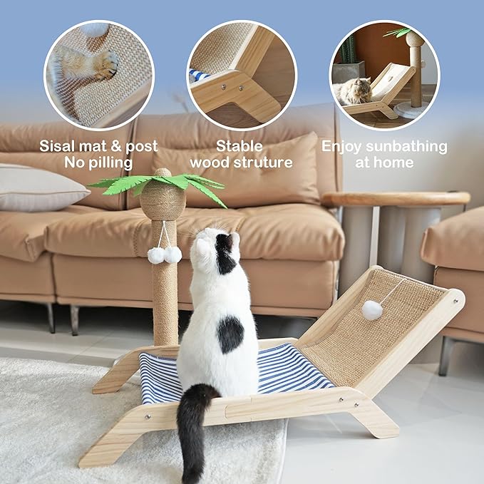 Cat Hammock with Coconut Palm Tree Scratching Post, Aberatail Cozy Beach Chair Elevated Cat Beds, Sisal Cat Tree Scratching Post for Indoor Cats (Post & Hammock)