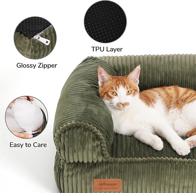 FUKUMARU Cat Couch Bed, Corduroy Cozy Cat Bed for Indoor Cats with Removable Washable Cover, Supportive Anti-Slip Dog Beds Sofa for Small Dogs Cute, 27inch, Medium, Green