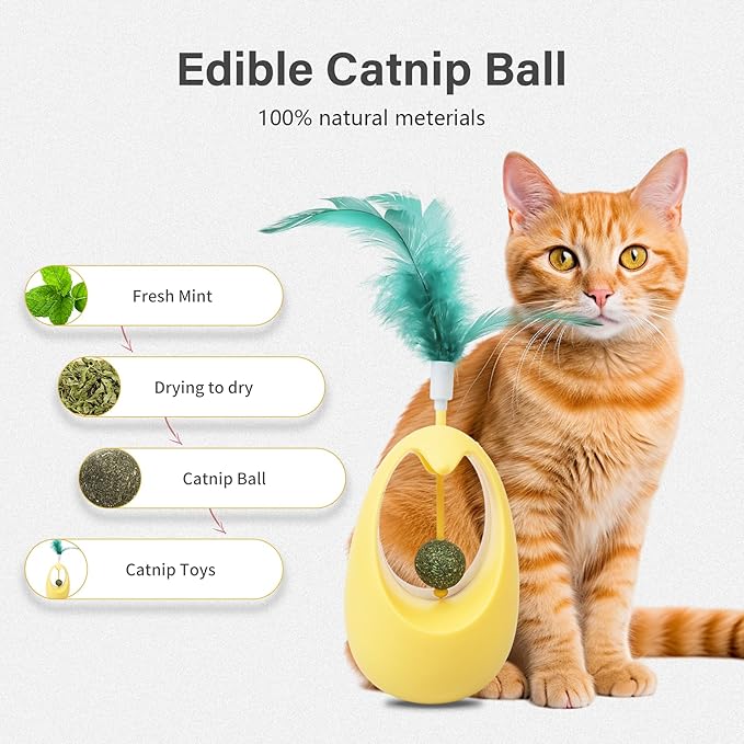 Catnip Toys for Cats with Feathers Tumbler Cat Toy with Edible Catnip Balls, Interactive Funny Toy Kitten Indoor Exercise/Plaything for All Breeds - Yellow