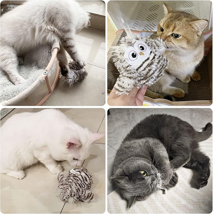 Interactive Flapping Wings Owl Cat Toys,Bird Sound Catnip Toys for Cats,Rechargeable 3 Vibration Modes Indoor cat Toy,for Prevent Boredom