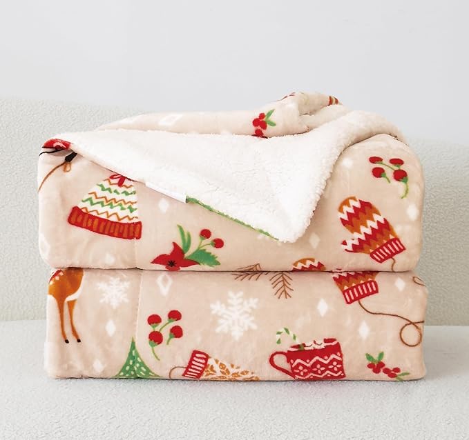 Elegant Comfort Reversible and Ultra-Plush Flannel Fleece-Winter Christmas Sherpa Throw- Lightweight Soft and Cozy-Holiday Decorative Throw, Perfect for Lounging, 50 x 60 inches, Skate and Deers
