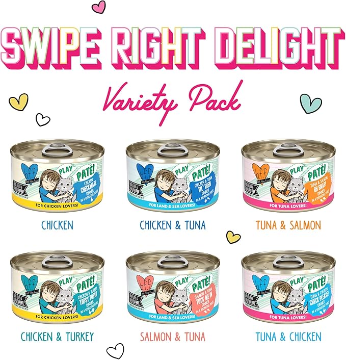B.F.F. Play - Best Feline Friend Paté Lovers, Aw Yeah!, Swipe Right Delight Grain-Free Natural Wet Cat Food Variety Pack, 2.8oz Can (Pack of 18)