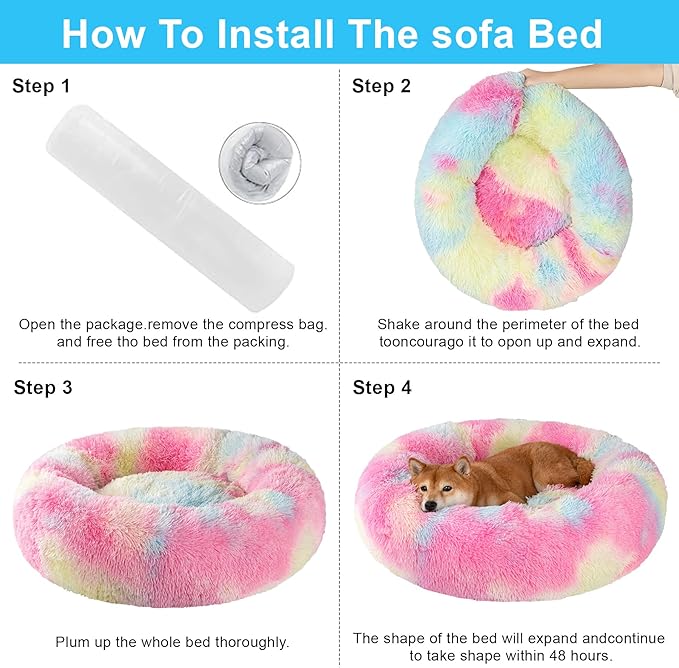Dog Bed Calming Dog Beds for Small Medium Large Dogs - Round Donut Washable Puppy Dog Bed, Anti-Slip Faux Fur Fluffy Donut Cuddle Anxiety Cat Pet Bed(32'' Color)