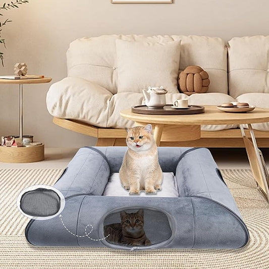 Cat Tunnel Bed with Door, Cat Cave for Indoor Cats with Removable Soft Pad, Sturdy and Scratch Resistant, Removable Cat Tunnel, Suitable for Small and Medium Cats (Gray)