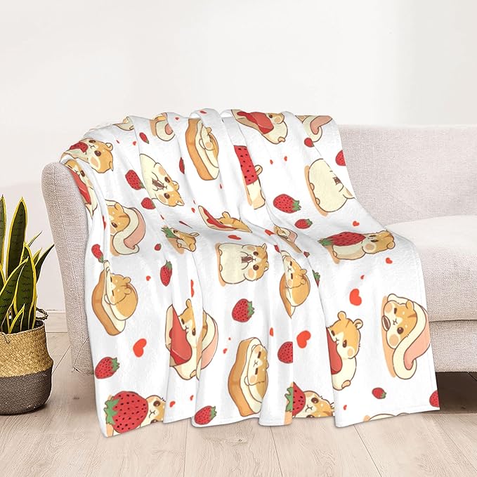 Hamster Strawberry Soft Throw Blanket Flannel Fleece Blankets Warm Cozy Lightweight Fuzzy Blanket for Bed Sofa Couch Home Decor 60"X50"