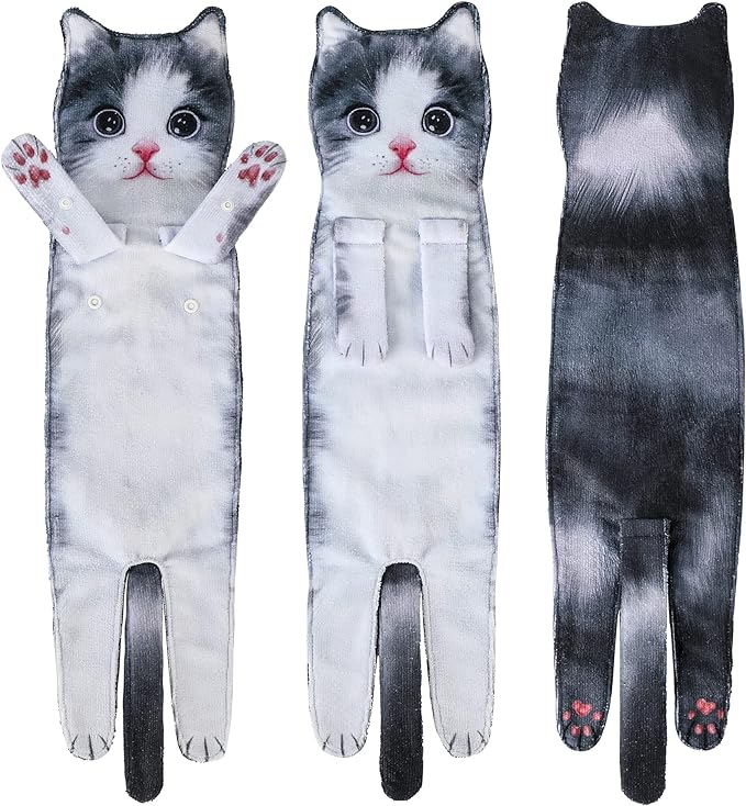 Cat Funny Hand Towels for Bathroom Kitchen- Cute Decorative Kitten Decor Hanging Face Towels- Unique Housewarming Valentines Mothers Birthday Gifts for Women Mom Cat Lovers