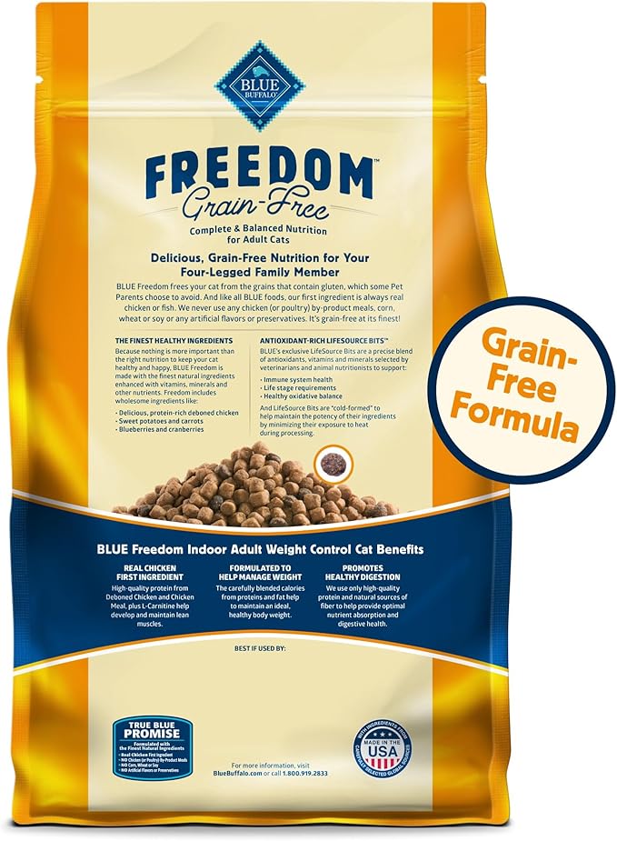 Blue Buffalo Freedom Grain-Free Adult Weight Control Dry Cat Food, Complete & Balanced Nutrition for Indoor Cats, Chicken Recipe, 11-lb. Bag