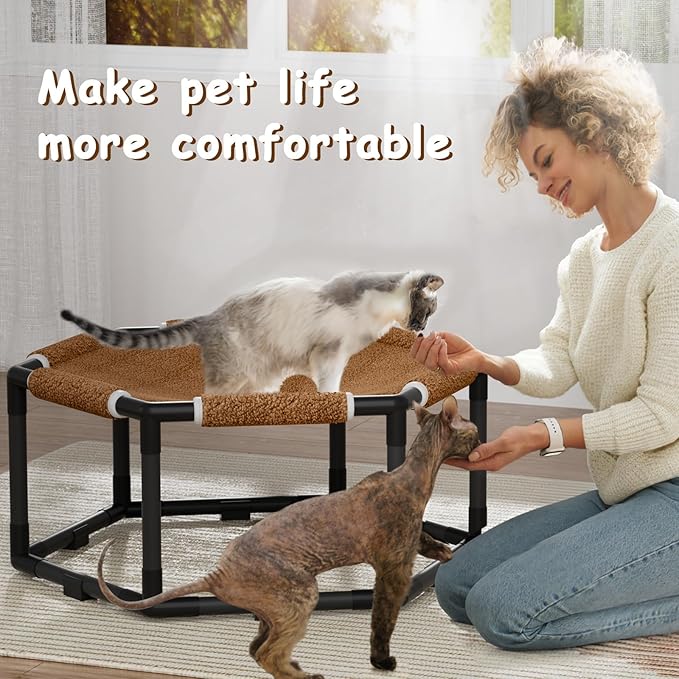 Tresbro Cat Bed, Hexagon Warm Elevated Cat Bed with Thick Teddy Velvet & Anti-Slip Pads, Raised Cat Hammock Bed for Indoor and Outdoor Use, 20.5'' x 18'' x 9.4'' Cat Hammock for Medium to Small Cats