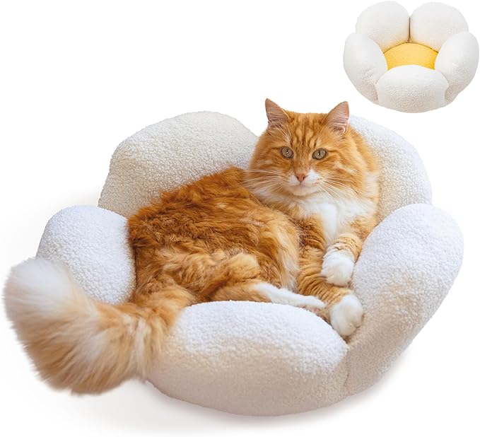 Catstages Purrfect Petals Washable Flower Shaped Round Cat Bed for Indoor Cats, Plush, White