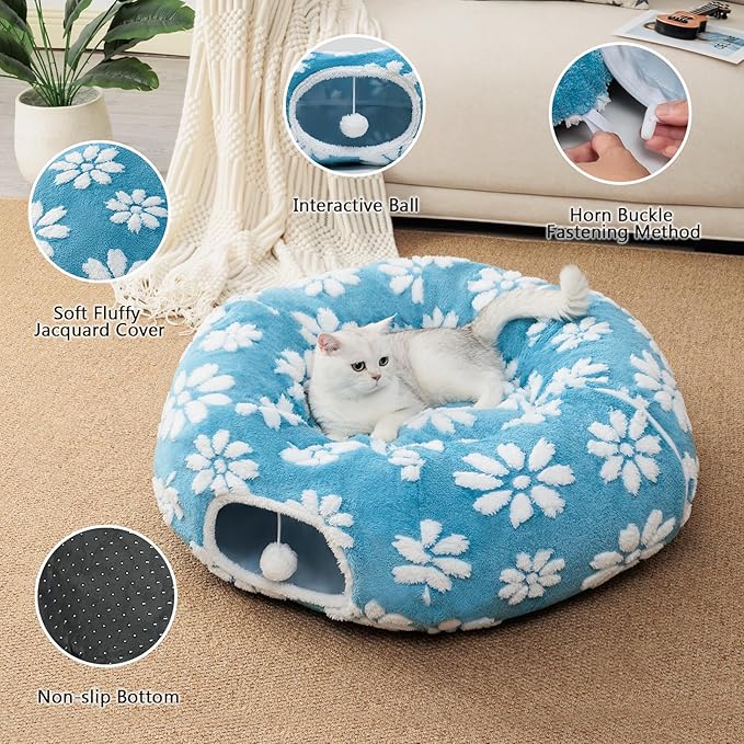 Cat Tunnel for Indoor Cats, Cute Peekaboo Cat Cave Play Tunnel with Dangling Balls, Pet Donut Tunnel Bed with Circle Mat for Cat Puppy Kitten Rabbit, Blue