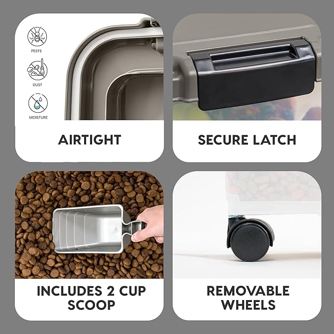 IRIS USA Dog Food Storage Container, 30 lbs & 11 lbs Combo, Cat Food Storage Container, Dog Treat Container, Airtight, Stackable, 2-Cup Scoop, Wheels, Easy Mobility, Chrome