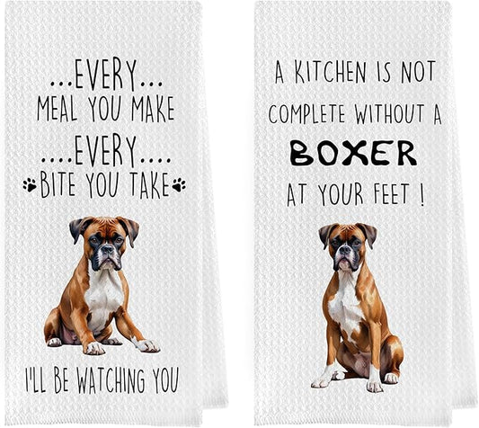 Boxer Dog Dish Towels Set - Funny Boxer Dog Gifts Decorative Waffle Weave Kitchen Towels, Boxer Dog Hand Towels, Boxer Dog Tea Towels, Boxer Dog Gifts (16×24 Inches, Set of 2)