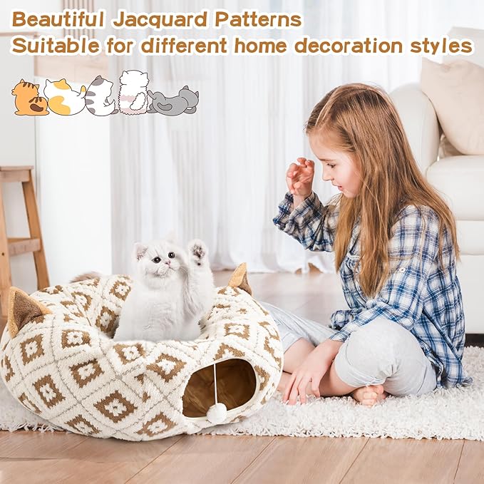 Cat Tunnel with Cat Bed for Indoor Cats, 3 in 1 Cat Donut Tunnel, Cute Cat Bed with Cushion Peephole and Cat Ear for Cats, Kittens, Rabbit, New Jacquard Pattern