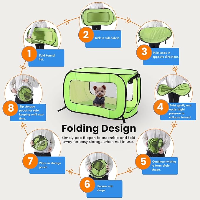 Beatrice Home Fashions Portable, Collapsible, Pop Up Kennel Travel Cat and Dog Crate, 40" L x 27" W x 27" H, Green