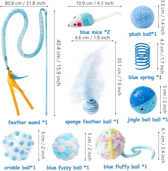 MALLMALL6 10Pcs Cat Toy Set Interactive Cat Toys Pack Including Feather Teaser Wand Cat Springs Mice Crinkle Balls and Pet Bell Balls, Puzzle Toys for Indoor Cats Gift (Blue)