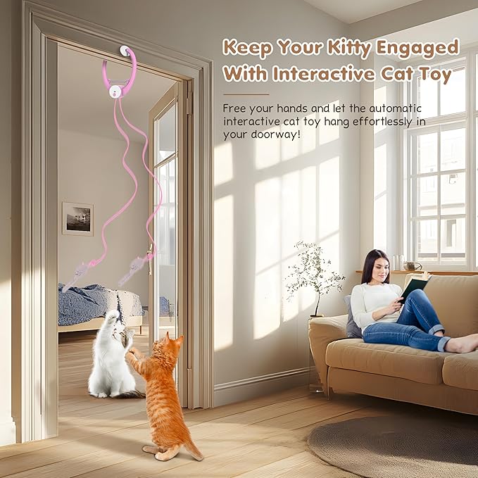 Interactive Cat Feather Toys, Retractable Teaser Toy, Hanging Interactive Toys for Indoor Cats Kitten Play Chase Exercise, Automatic Kitten Mental Exercise Toys, with Three Mice Plush Toy